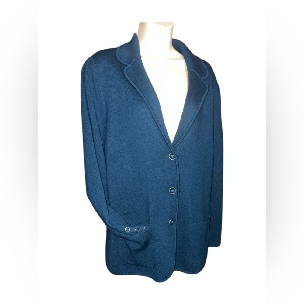 Talbots Teal Jacket Cardigan Blazer buttons Black Label Merino Wool Sweater 2X